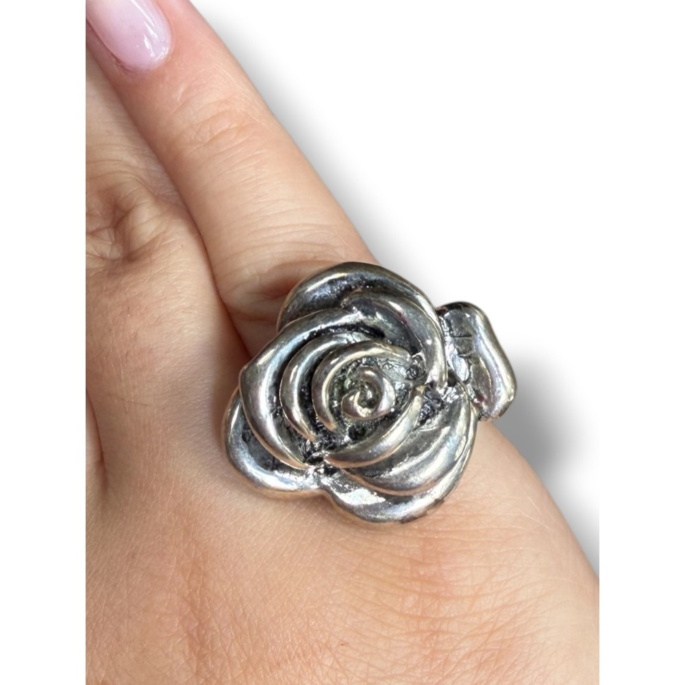 Vintage Silver Tone Rose Flower Statement Cocktail Ring Large Floral Whimsigoth